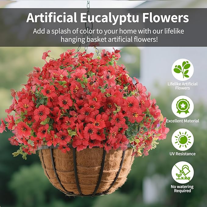 Artificial Flowers Outdoor, Faux Silk Flowers Plastic Plants for Outdoors Indoor Outside Front Porch Hanging Planter Window Box Garden Home Decoration, 14 Bundles(Red)