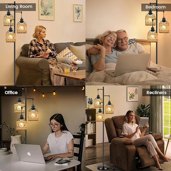 Floor Lamp for Living Room,Bedroom,3-Lights Boho Rattan Tree Floor Lights,Industrial Black Farmhouse Standing Lamp Wicker Rustic Tall Lamp,Woven Bamboo LampShade Floor Lamps Bohemian