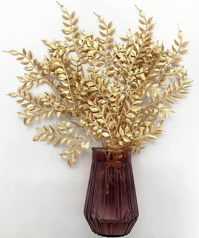 Gold Leaves Decorations for Christmas Artificial Golden Plants Fake Leaf - 17 Inch 5 Pack, Faux Foliage Simulation Flowers Grass Xmas Decor Plant Bushes Indoor Outdoor Wedding Table Centerpiece DIY