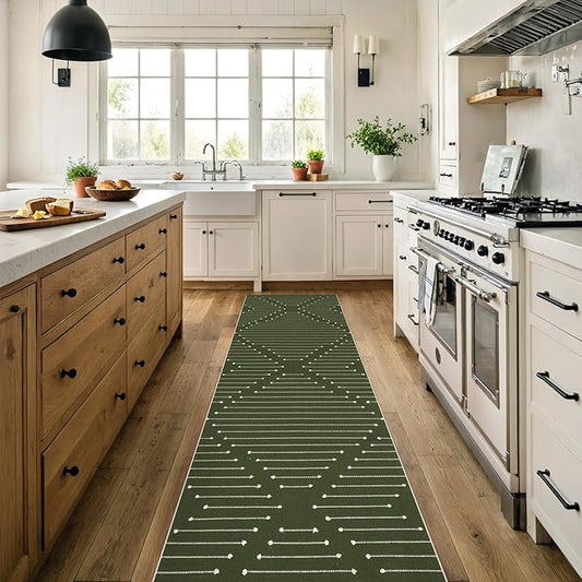 LIVEBOX Green Runner Rug for Kitchen, 2'x8' Boho Washable Rug Runner for Hallway,Moroccan Cotton Long Entryway Area Rug Indoor Carpet for Bedroom Laundry Doorway Entry