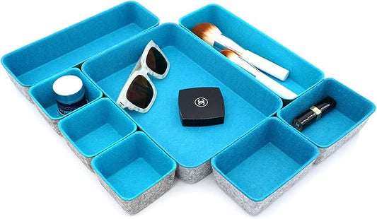 Welaxy desk drawer organizer tray dividers small felt storage box for office entryway catchall key holder makeup crafts pens decluttering 8-piece back to school (Turquoise)