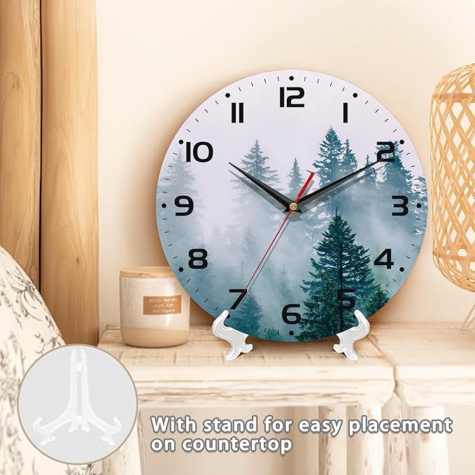 Clock for Living Room, Misty Forest Wall Clocks Wooden Wall Clock Art Hanging Clocks Silent Non-Ticking Wall Clock Battery Operated Round Home Arabic Numeral Decorative Wall Clocks 10 Inch