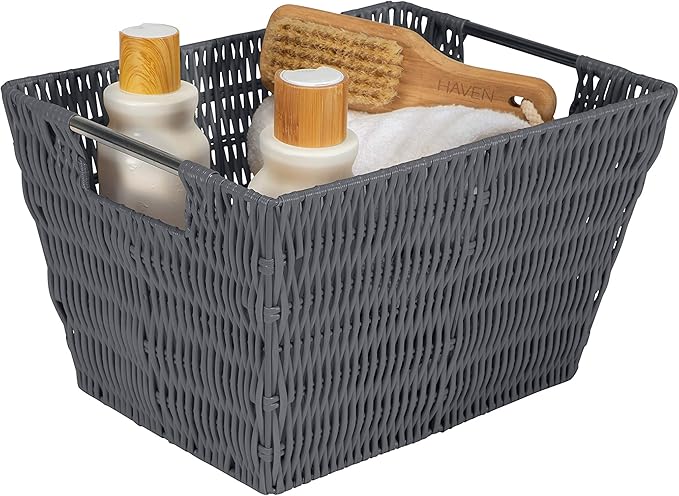 Simplify 12"x10"x8" Medium Woven Basket for Storage with Handles, Nursery, Playroom, Toys, Bedroom, Closet, Clothes, Office, Decorative Rattan Totes, Charcoal