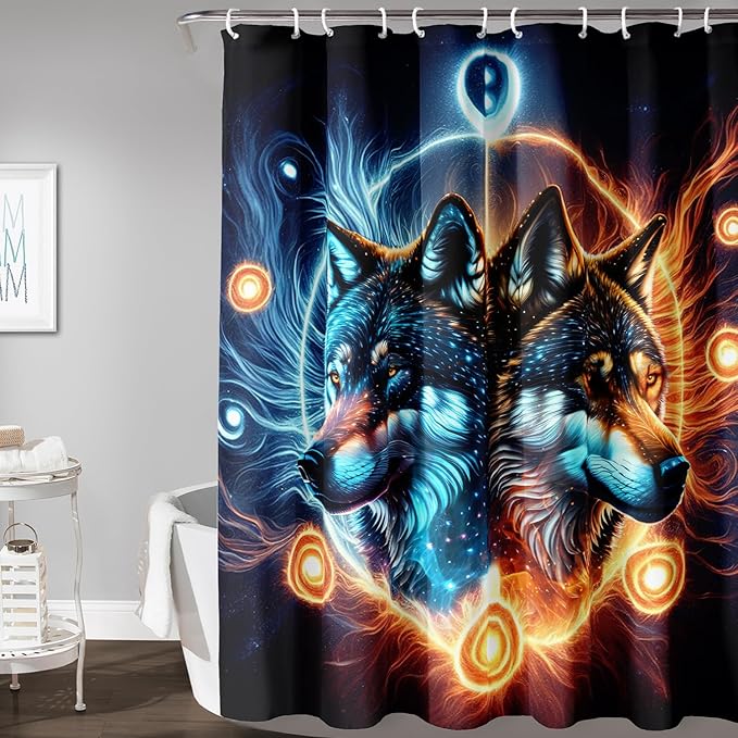 AILONEN Boys Wolf Shower Curtains, Animal Wolf Print Shower Curtain for Boys Kids Bathroom Decor,Modern Abstract Black Bath Curtain 72" W*96" H Decor with 12 Plastic Hooks