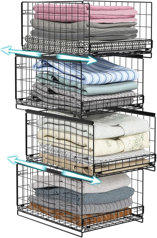 4-tier Sliding Closet Organizers and Drawer Storage Shelves, Stackable Bins for Jean Pants Sweaters, Metal Drawer Slid Clothes Storage Container, Closet Organizers for Clothes-Black