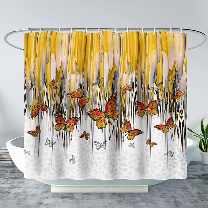 AILONEN Butterfly Shower Curtain for Bathroom Yellow Ink Fluid Painting Grey Leopard Bath Curtain 72" W*84" H Polyester Fabric Waterproof Bathroom Curtain with 12 Hooks
