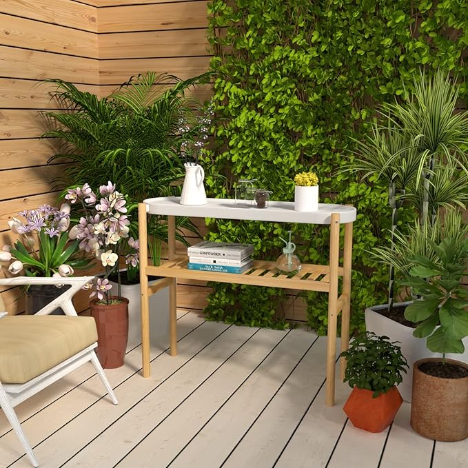 Bamboo Plant Stands Indoor, 2 Tier Steel Tray Plant Table Tall Corner Multiple Plant Holder Display Rack for Outdoor Garden Home