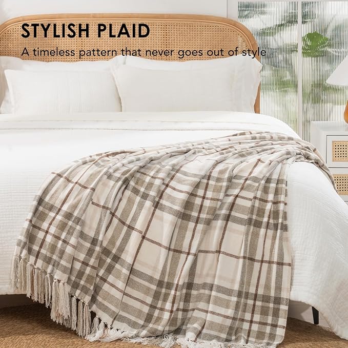 EVERGRACE Plaid Chenille Throw Blanket for Couch, Super Soft Cozy Decorative Farmhouse Plaid Throw with Tassels, Lightweight Chenille Knit Throw for Bed Sofa Gift Home Decor, Beige 60”x80”