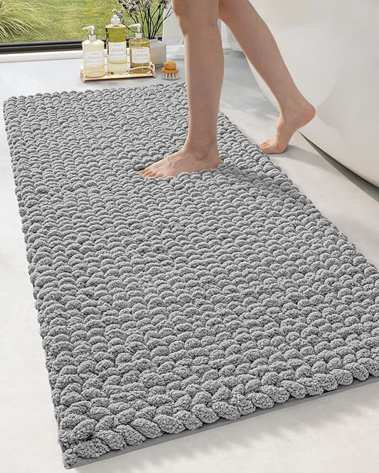 DEXI Bathroom Rugs 24x60, Non Slip Washable Bath Mat, Luxury Chenille Super Absorbent Thick Bathmats for Shower Floor, Plush Fluffy Shaggy Carpet for Tub, Light Grey