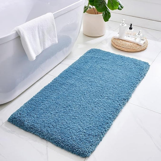 ILANGO Blue Bathroom Rugs 48" × 24" Non Slip & Super Absorbent Extra Thick Soft, Washable Bath Mat for Floor, Microfiber Plush Shaggy Bath Rug with Rubber for Bathtub Shower Room Sink