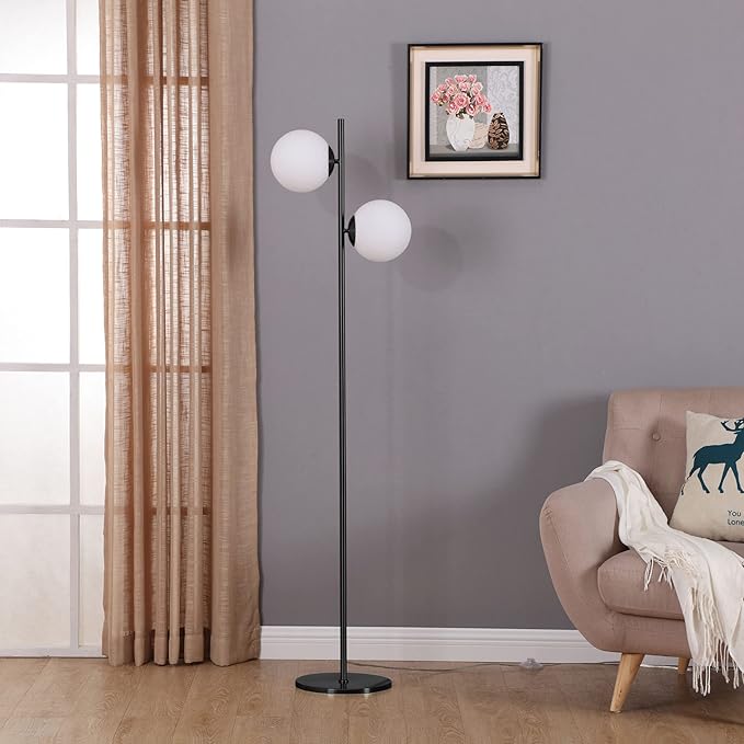 Brightech Sphere - Mid Century Modern 2 Globe Floor Lamp for Living Room Bright Lighting - Contemporary LED Standing Light for Bedrooms & Offices - Black Indoor Pole Light