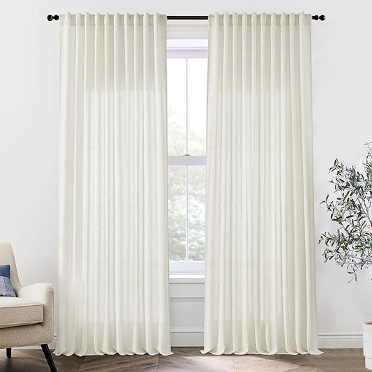 Extra Wide Curtains 70 In Width for 60 & 72 Inch Window,Pleated Back Tab Linen Semi Sheer Full Length Curtains for Living Room Sliding Glass Door 2 Panel Set,72x108,70x108,6FT x 108 Inches Long,Cream