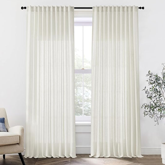 Extra Wide Curtains 70 In Width for 72 Inch Window,Pleated Back Tab Linen Semi Sheer Full Length Curtains for Living Room Sliding Glass Door 2 Panel Set,72x102,70x102,6FT x 102 Inches Long,Cream