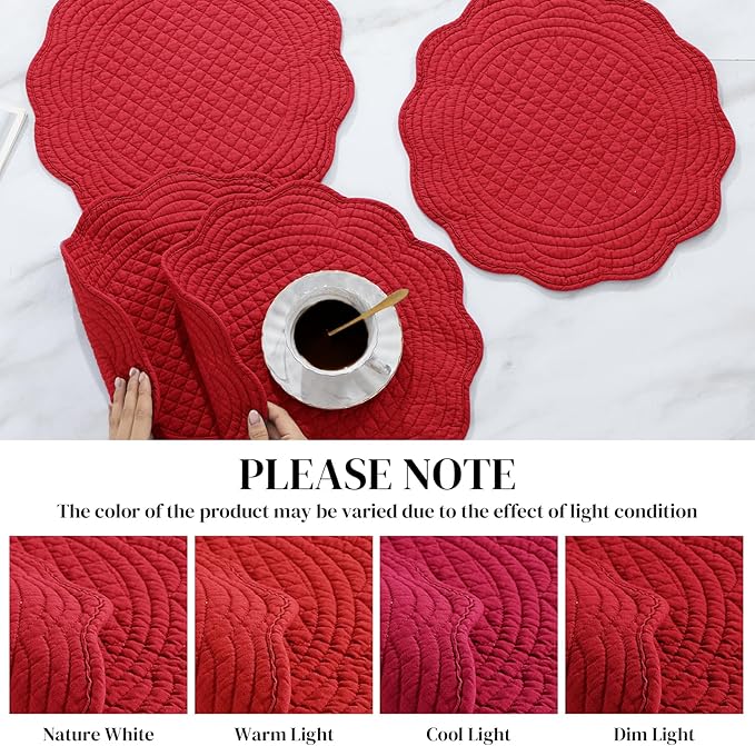 HOMBYS Quilted Placemats Set of 6 Washable Round Placemats for Kitchen Table-100% Cotton Fabric 13 Inch Round Table Mats, Cotton Fabric with Microfiber Filling, (13"x13", Red)