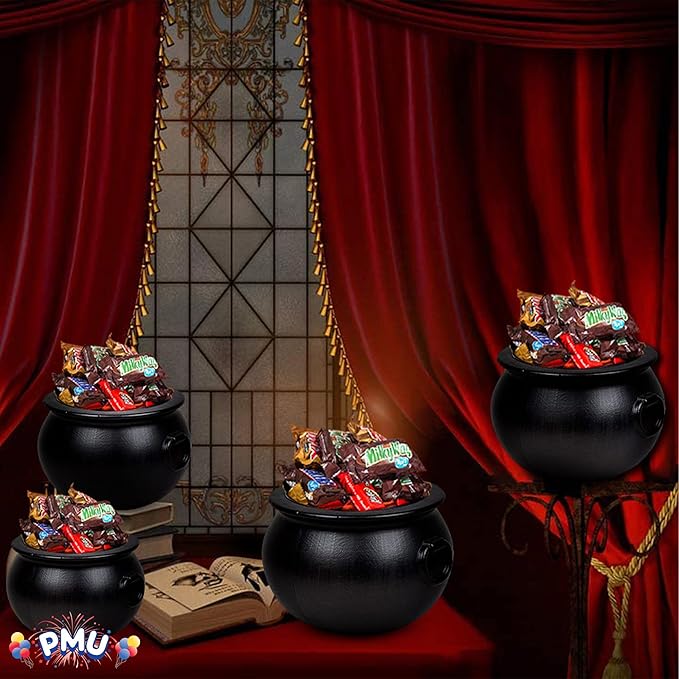 PMU 4 Pc 16" 12" 8" 6" Inch Halloween Black Cauldron Kettle, Halloween Black Plastic Witch Cauldron Kettle, Halloween Party Decorations, Halloween Decorations Indoor & Outdoor