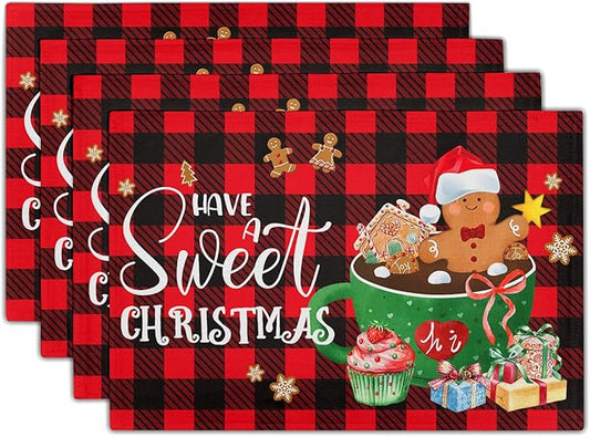 Giwawa Gingerbread Placemats Set of 4, Have A Sweet Christmas Red Black Buffalo Plaids Place Mat, Winter Hot Cocoa Cookie Table Mats 12"x18" for Kitchen Dining Holiday Party Decor