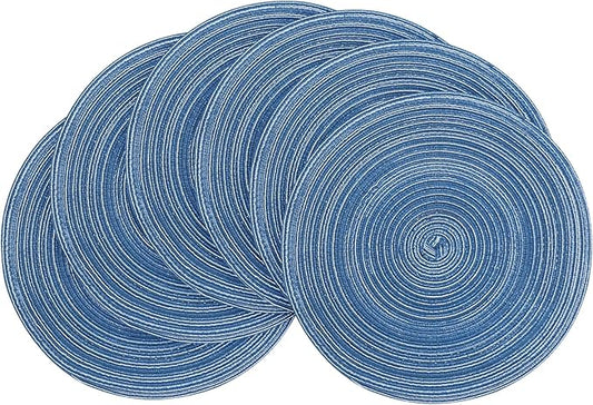 Floroom 15 Inch Round Braided Placemats Set of 6, Washable Heat Resistant Cotton Polyester Circle Place Mats for Kitchen Dining Table - Seascape Blue