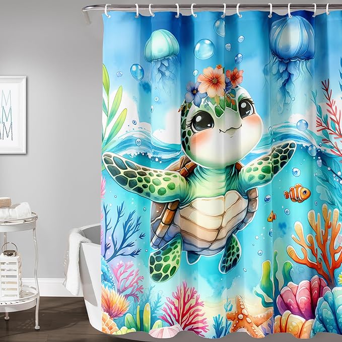 AILONEN Sea Turtle Shower Curtain for Bathroom,Cute Ocean Turtle Shower Curtain with 12 Plastic Hooks,Colorful Coral Jellyfish Print Bath Curtain Polyester Waterproof 72" W*96" H