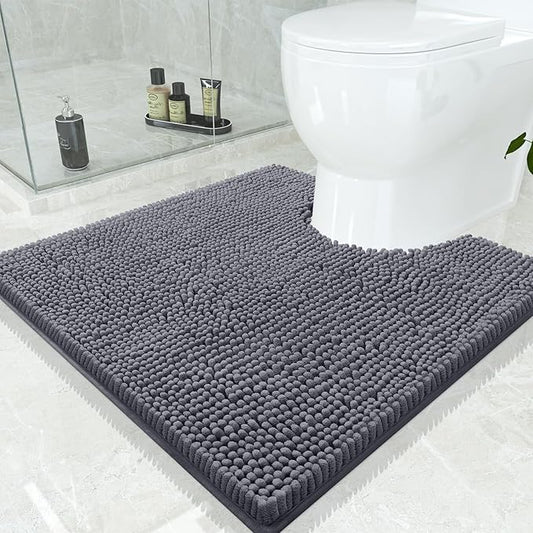Smiry Luxury Chenille Toilet Rugs U-Shaped 24x24, Soft Absorbent Non-Slip Contour Bathroom Rugs for Toilet, Machine Washable Contoured Bath Mats, Charcoal Grey