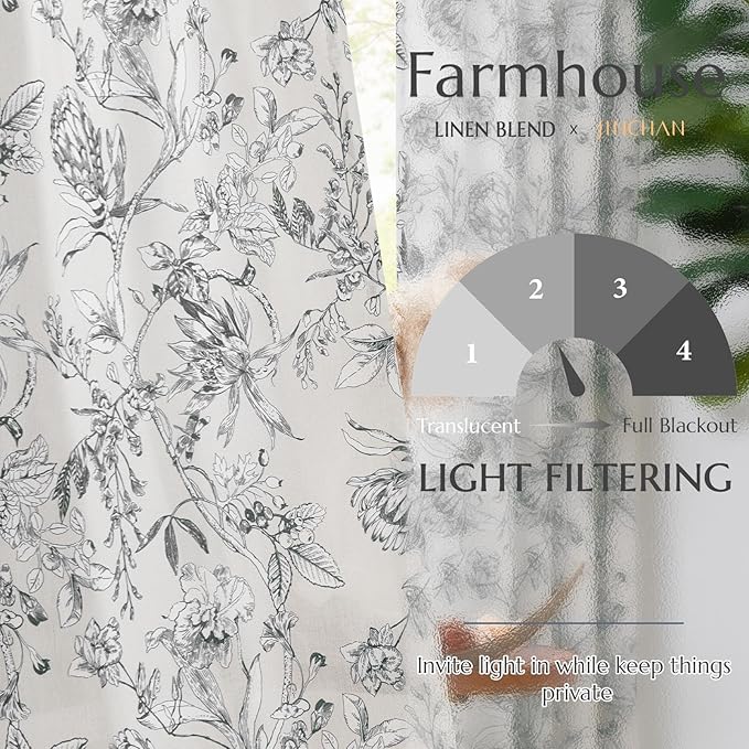 jinchan Floral Curtains 96 Inches Long Charcoal Grey Flower Linen Farmhouse Curtain for Living Room French Country Vintage Curtain Rod Pocket Curtains Set 2 Panels Gray Floral Printed