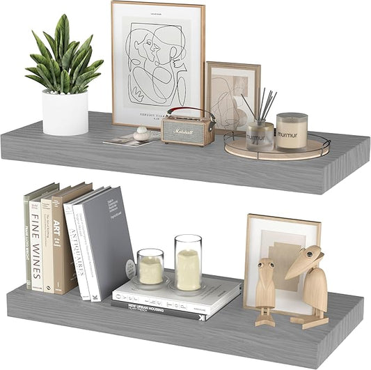Floating Shelves for Wall- 17 Inch Natural Wood Shelves for Bathroom, Bedroom, Kitchen Decor, Farmhouse Decor Set of 2, Grey
