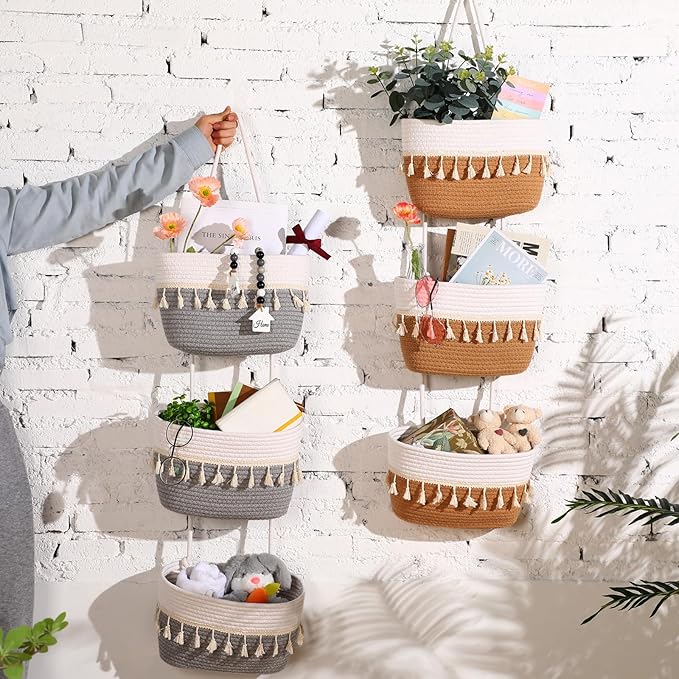 Over The Door Hanging Basket Boho Woven Wall Hanging Baskets 3-Tier Cotton Wall Mounted Storage Organizer Bag Macrame Decorative Hanging Baskets for Kitchen Laundry Room Stairs(Gray, White)