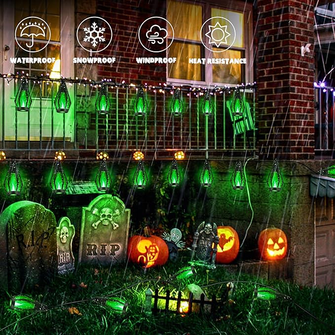 iBaycon Solar Halloween Lights, 42Ft 15 LED Bulbs Flickering Flame String Light, Outdoor Waterproof Solar Flame Lights for Garden Yard Patio Halloween Decorations (Green)