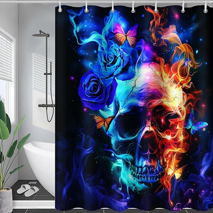 AILONEN Sugar Skull Shower Curtain,Blue Rose Flower Skull Bath Curtain,3D Printed Fire Skull Waterproof Curtain,Galaxy Butterfly Shower Curtain for Bathroom 72" W x 78" H