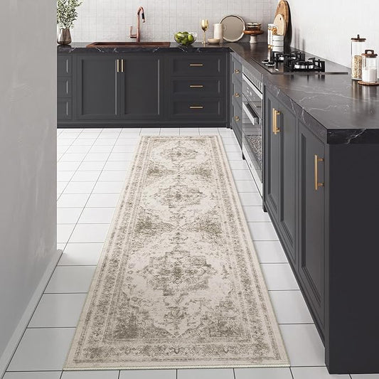 Runner Rug 2x7 Washable Taupe Hallway Runner Vintage Boho Medallion Non Slip Distressed Retro Carpet Indoor Low Pile Long Soft Rug for Kitchen Entryway Bedroom Bathroom Laundry