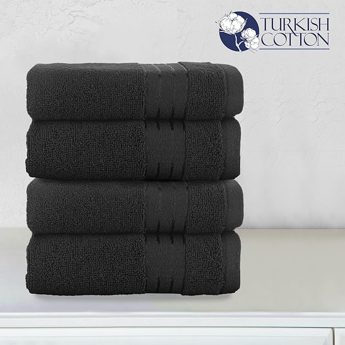 Elegant Comfort Premium Turkish Cotton 4 Pack Hand Towel Set - 16 x 28 inch, Luxurious Hotel Spa Quality 100% Turkish Cotton 4PC Hand Towel Set - Highly Absorbent - Soft Bathroom Towels, Black