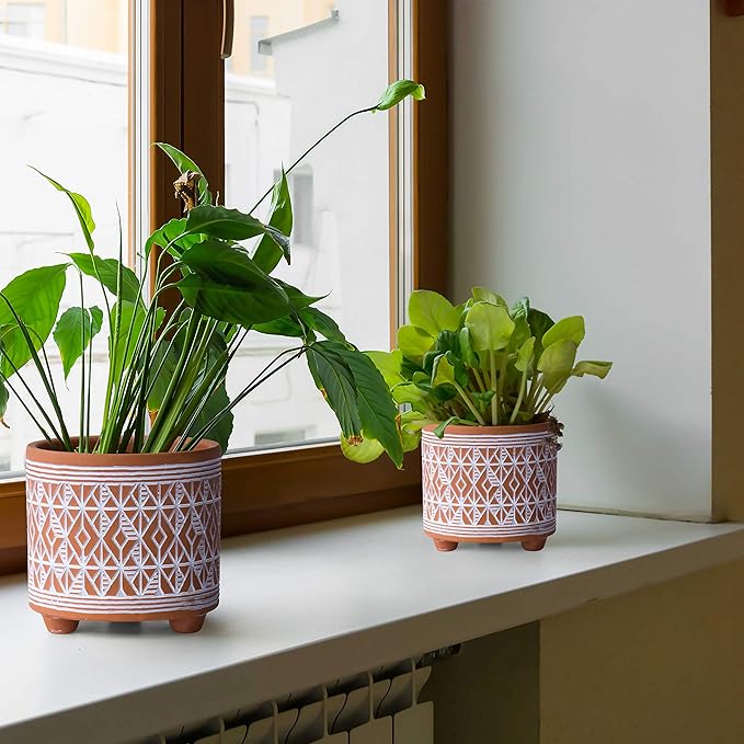 D'vine Dev Set of 2 Terracotta Planter Pots, 4 Inch & 6 Inch, Design Plants Pot with Drainage Hole, Savanna Weave, Terracotta/White, 31-953-G-1