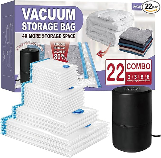Vacuum Storage Bags with Electric Pump, 22 Combo (3Large/3Jumbo/8Medium/8Small) Space Saver Bags Vacuum Seal Bags with Pump, Space Bags, Comforters, Blankets, Beddings