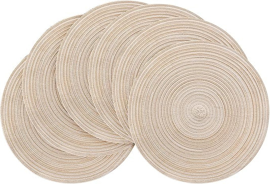 Floroom 15 Inch Round Braided Placemats Set of 6, Washable Heat Resistant Cotton Polyester Circle Place Mats for Kitchen Dining Table - Canvas Beige