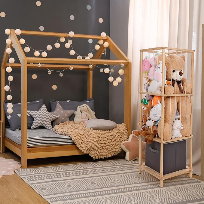 ACEPRUT Wood Stuffed Animal Storage Holder with Storage Basket, Space Save Three Tier Vertical Large Stuffed Animal Zoo Organizer for Playroom Bedroom, Toy Storage Birthday Gifts for Kids