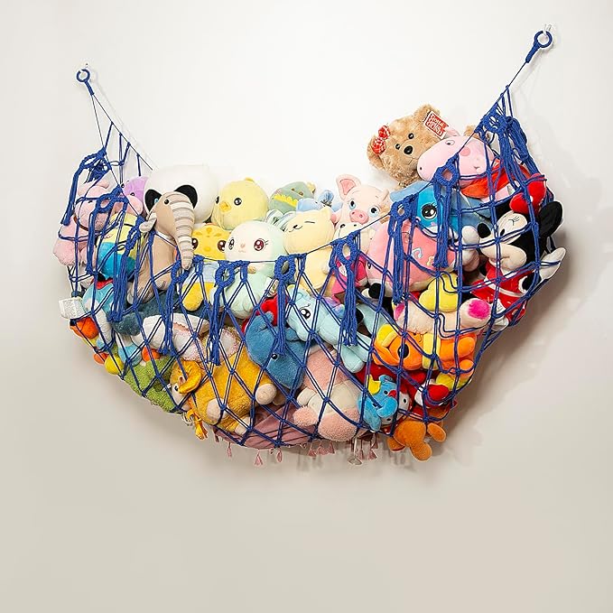 Large Stuffed Animal Storage Net or Hammock for Wall Mounted Macrame Stuffed Animal Display For Boho Nursery Baby Boy Playroom Toy Organizers Pet Net-Blue