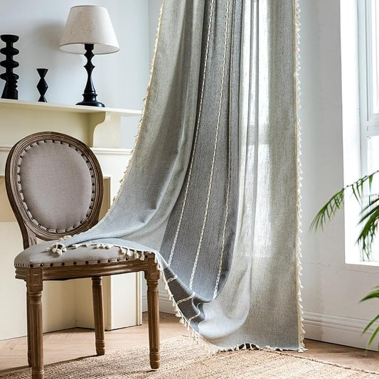 Sutuo Home Boho Curtains for Kitchen Nursery Room, Semi Blackout Linen Farmhouse Shabby Chic Tassels Window Treatment Bohemian Embroidery Drape, Rod Pocket 1 Panel 52" W x 63" L, Gray Linen