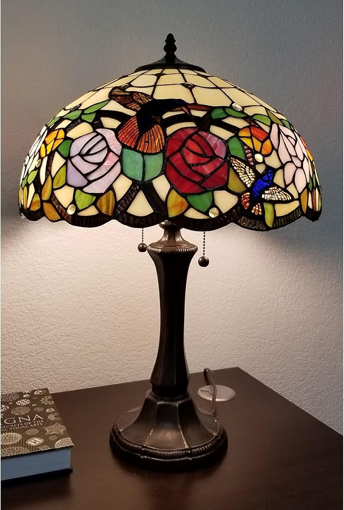 Amora Tiffany Style Table Nightstand Banker Lamp 22" Tall Stained Glass Red Green Yellow Floral Hummingbird Antique Vintage Light Decor Living Room Bedroom Desk Handmade Gift Lighting, Multicolor