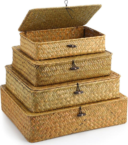 Set of 4 Seagrass Basket with Lid Wicker Storage Basket Decorative Storage Boxes with Lids Flat Storage Bins Woven Organizer Baskets for Shelf Closet Bedroom, 4 Sizes (Yellow)