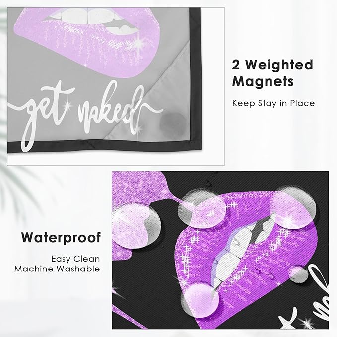 Purple Lips No Hook Shower Curtain with Snap in Liner, Diamond Glitter Get Naked Black Bath Curtain with Double Layers Waterproof Fabric and Mesh Top Window 71x74 Inch