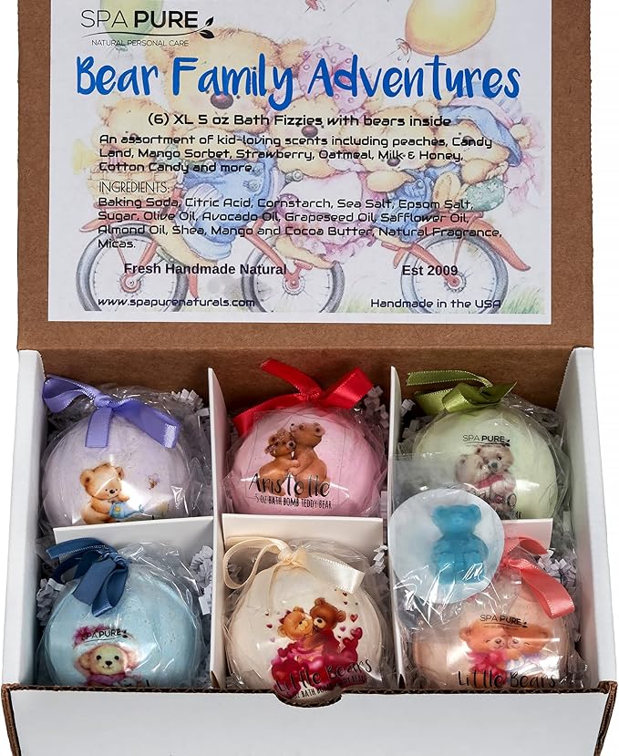 Bath Bomb Fizzies with Surprise: 6 Bear Family Toys Inside Bath Bombs, Huge Balls (5 oz) Safe, Great for Bubble Baths, Perfect for Little Girls and Boys (6 Count) Pack of 1