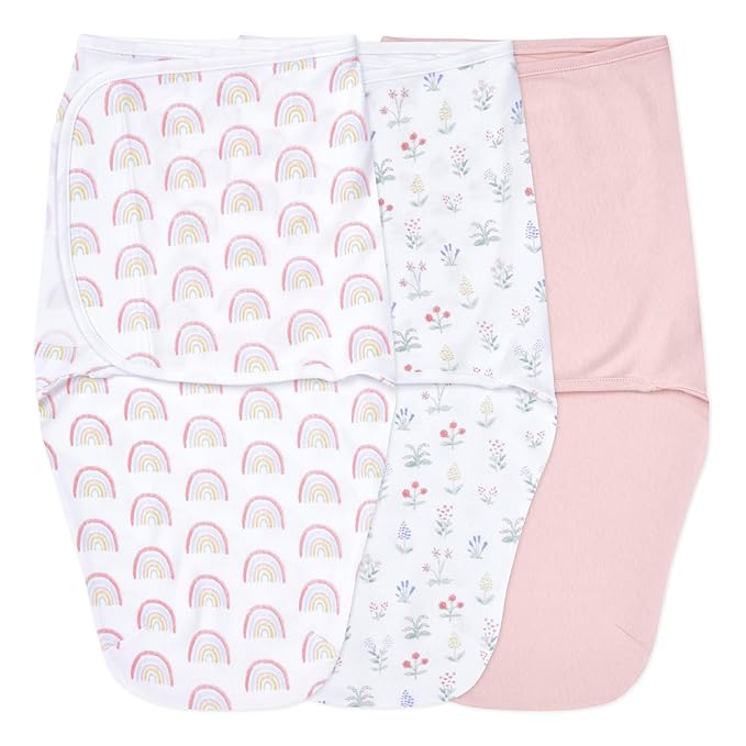aden + anais Easy Swaddle Wrap, Newborn Wearable Swaddle Blanket, Adjustable Fasteners, 100% Cotton, 3 Pack, 0-3 Months, Spring Flower