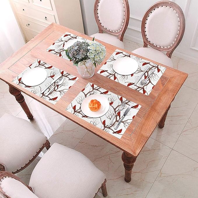Winter Cardinal Christmas Placemats Set of 4, Red Decorative Place Mats 12x18 Inch Washable Heat Resistant Table Mats for Kitchen Dining Tables Holiday Party Farmhouse Home Decor