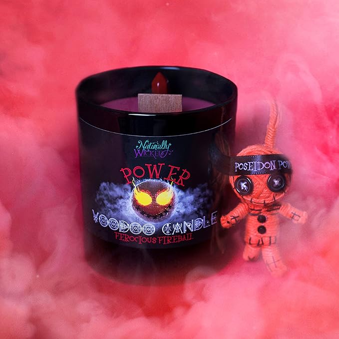 Naturally Wicked Voodoo Power Candle Set - Inc. Voodoo Doll, Crystal, Wood Wick, Ferocious Fireball Scent & Gift Box