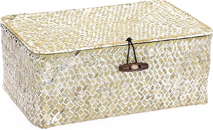 Hipiwe Wicker Shelf Baskets Bin with Lid Natural Seagrass Basket Storage Boxes Small Woven Basket Multipurpose Home Organizer Bins Box for Shelf Closet Bedroom Living Room Home Decor, Whitewash