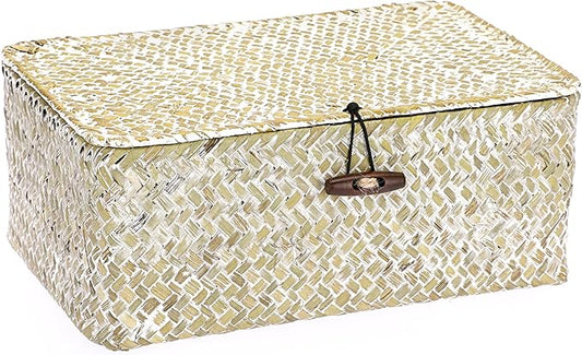 Hipiwe Wicker Shelf Baskets Bin with Lid Natural Seagrass Basket Storage Boxes Small Woven Basket Multipurpose Home Organizer Bins Box for Shelf Closet Bedroom Living Room Home Decor, Whitewash