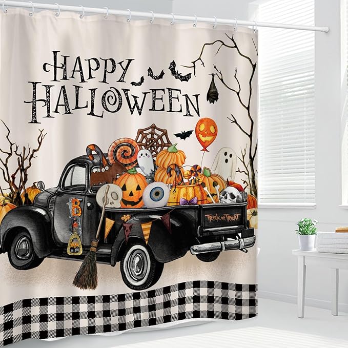 Halloween Truck Shower Curtain 60Wx72L Inch Pumpkin Horror Spooky Scary Skull Ghost Farmhouse Buffalo Bathroom Set Accessories Decor Polyester Waterproof with 12 Pack Hooks