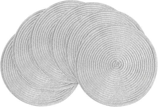 Floroom 15 Inch Round Braided Placemats Set of 6, Washable Heat Resistant Cotton Polyester Circle Place Mats for Kitchen Dining Table - Shimmer Silver