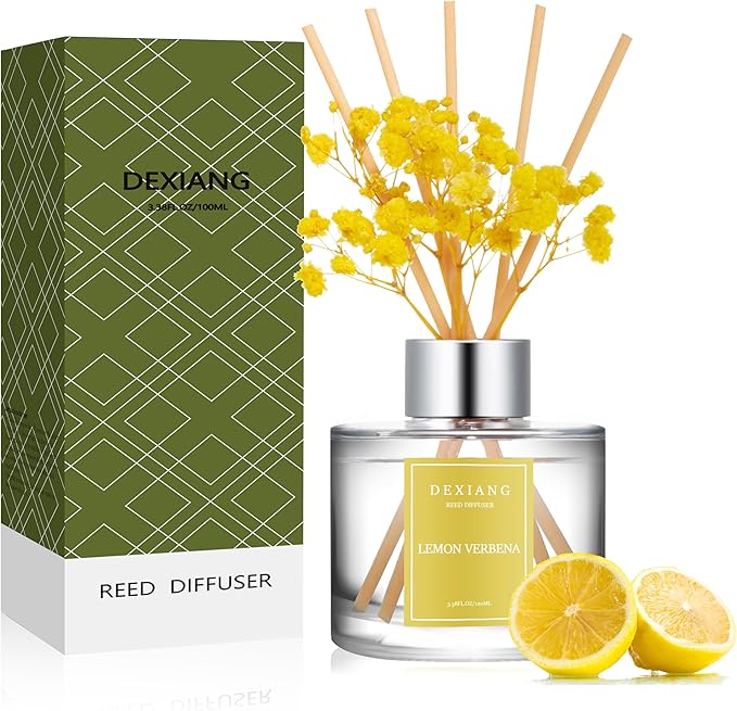 Lemon Verbena Reed Diffuser Set - 3.38 fl oz (100ml) Essential Oil with 6 Reed Sticks | Home & Bathroom Decor