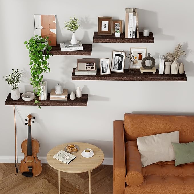 Axeman Floating Shelves, 8 Inch Deep Rustic Solid Wood Wall Shelves for Storage, Wall Mounted Display Shelving with Invisible Heavy-Duty Metal Bracket, 36" W x 8" D x 1.6" H, Rustic Brown
