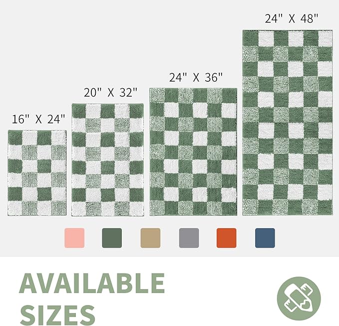 CozeCube Checkered Bath mats for Bathroom Non Slip, Plush Shaggy Bath Rugs for Bathroom Washable, Buffalo Plaid Bath mat, Sage Green, 47" x 24"